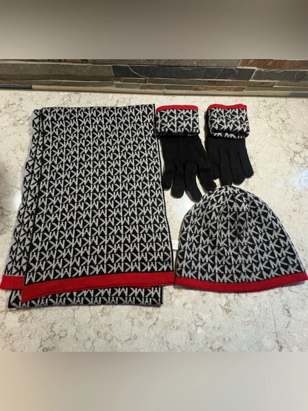 Michael Kors Black & White Logo Knit Hat, Scarf & Gloves Set with Red Trim